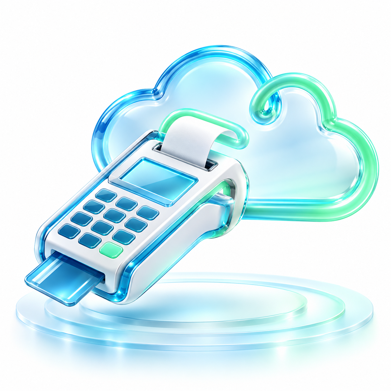 Interpretación tridimensional del símbolo GridePos: terminal e impresora unidos a una nube, en azul, cian y verde menta.
